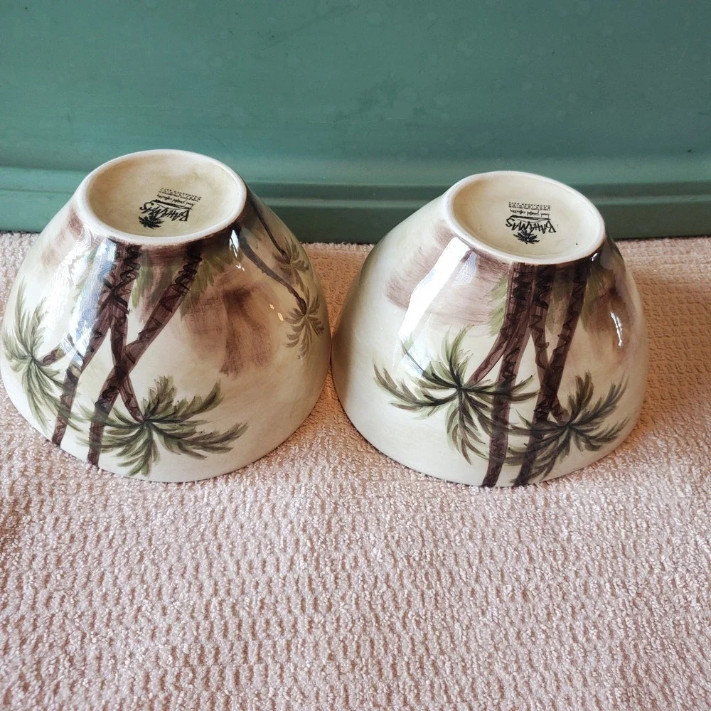Bahamas Hand Painted Collection Palm Tree Ceramic Bowls Set of 2 Tropical Cream
